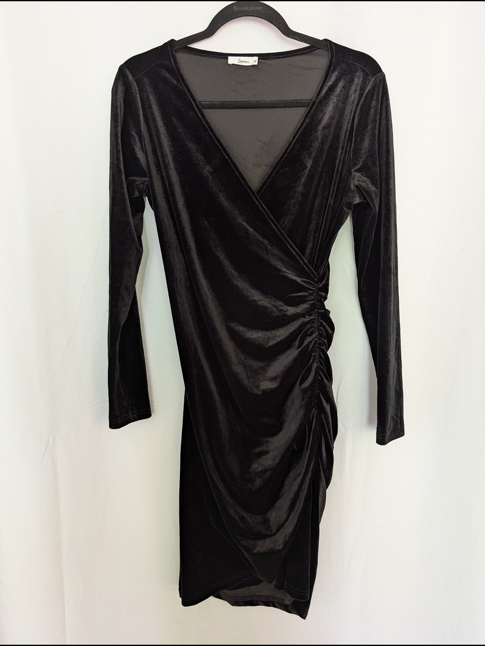 Loemes Black Velvet Ruched Wrap Long-Sleeve Dress